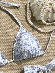 Swim Vcay 2件套女士性感碎花荷叶边V领挂脖比基尼套装，夏季 - 彩色 - 查看 4