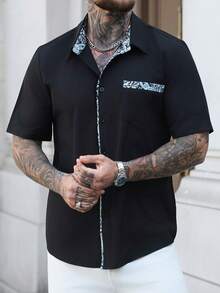 Manfinity Homme Men's Paisley Pattern Patchwork Black Short Sleeve Shirt - Black - View 3