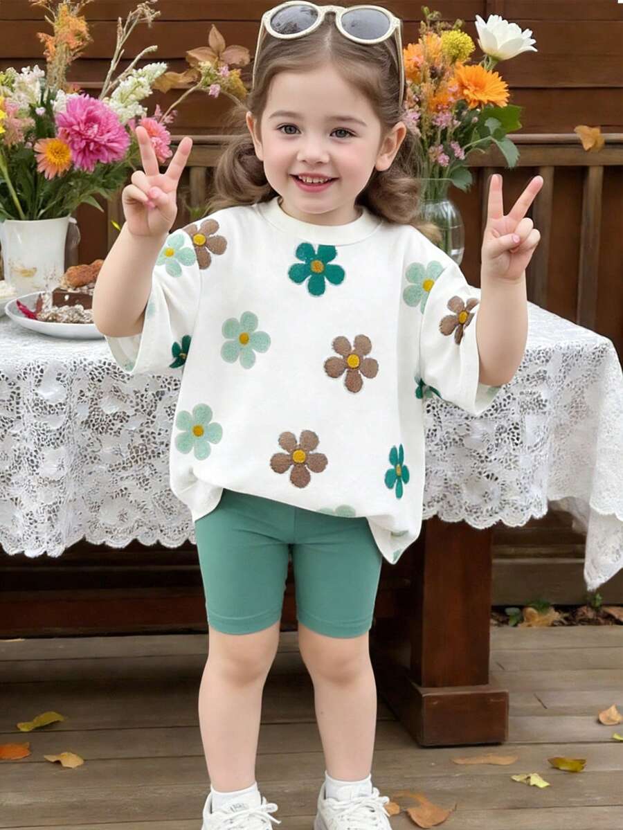 一套女婴休闲碎花短袖圆领T恤和修身短裤/长裤套装，时尚休闲舒适T恤套装，白色T恤搭配绿色短裤，春夏款 - 彩色 - 查看 1