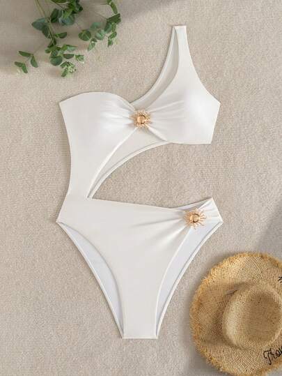 Swim Chiccia 女士纯色优雅夏季度假沙滩金属装饰连体泳衣