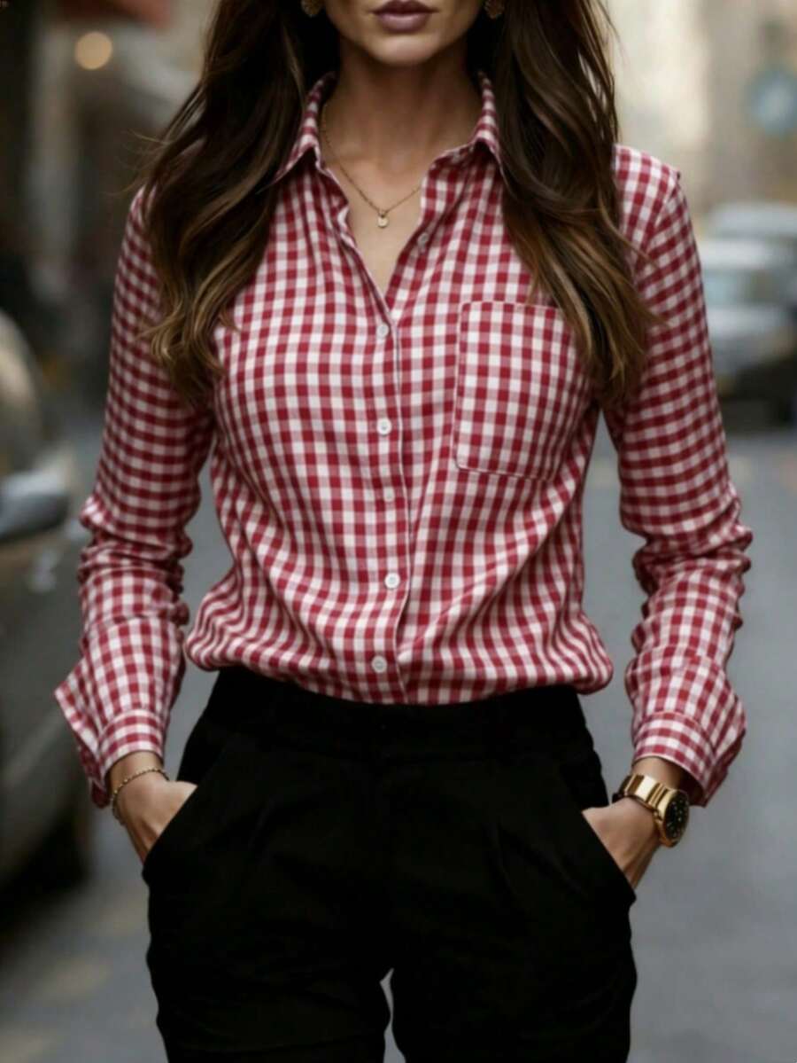 Camisa de poliéster a cuadros rojos esencial para mujer, de manga larga regular, con diseño de botones, estilo casual de otoño - Burdeos - Ver 1