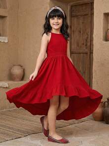 SHEIN Đầm dự tiệc mùa hè thường ngày cho bé gái tuổi teen, chất liệu jacquard dệt họa tiết, màu trơn, hở lưng, vạt bất đối xứng, màu đỏ. - Đỏ - Xem 2