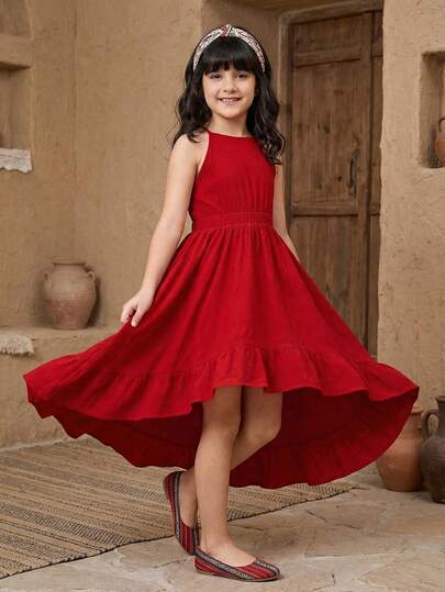 SHEIN 少女休闲度假提花纯色露背不对称下摆连衣裙，红色