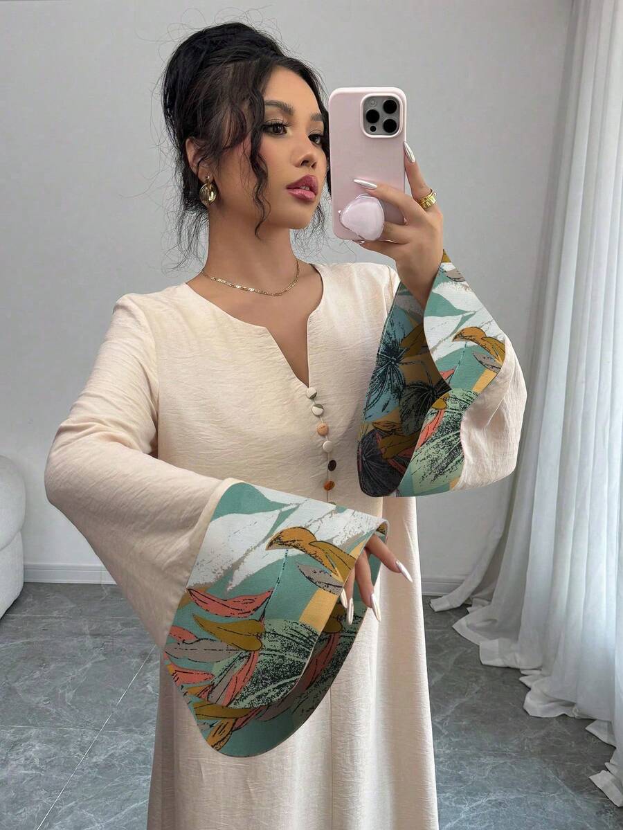 Yasmyna 女士梭织宽松纽扣撞色阿拉伯风格连衣裙 - 綠色 - 查看 1