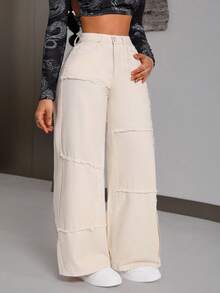 EMERY ROSE Plus Size Women High Waist Frayed Hem Wide Leg Loose Casual Jeans - Beige - View 4