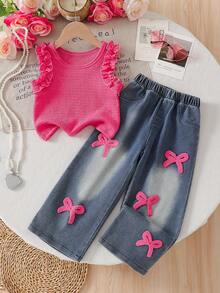 2pcs/Set Young Girls Light Pink Ruffle Collar Top & 3D Butterfly Floral Denim Pants Summer Outfit, School Back-To-School Casual Fashion Jeans Set - Watermelon Pink - View 3