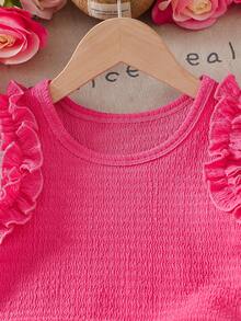 2pcs/Set Young Girls Light Pink Ruffle Collar Top & 3D Butterfly Floral Denim Pants Summer Outfit, School Back-To-School Casual Fashion Jeans Set - Watermelon Pink - View 4
