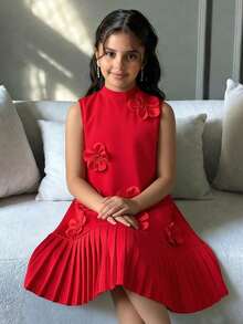 少女春夏休闲优雅通勤立领修身褶皱A字纯色无袖梭织连衣裙，红色，适合婚礼、派对、节日和聚会等场合 - 紅色 - 查看 2