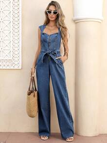 Selianne Women's Waist Tie Zipper Front Fashionable Denim Jumpsuit - Dark Wash - View 5