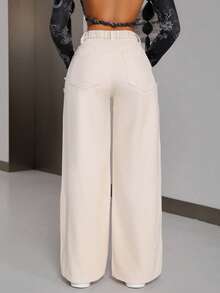 EMERY ROSE Plus Size Women High Waist Frayed Hem Wide Leg Loose Casual Jeans - Beige - View 2