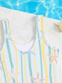 女童可爱海星印花连体泳衣，简约时尚，速干舒适针织面料，适合海滩、泳池、冲浪、度假、夏季穿着。 - 彩色 - 查看 7