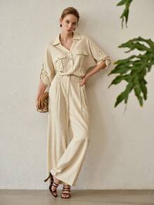 MOTF PREMIUM WOMEN'S APRICOT STYLISH WAIST ROLL TAB SLEEVE CINCHING JUMPSUIT - Apricot - View 5