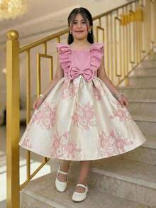 SHEIN Tween Girl Elegant Square Neck Ruffle Solid Color Patchwork Jacquard Fabric Dress Tween Girl - Pink - View 7