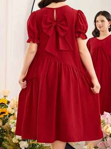 Tween Girl Loose Elegant Split Design Round Neck Puff Sleeve Dress - Red - View 3