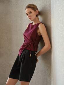 MOTF PREMIUM STYLISH TIE-UP BEADED RUCHED SLEEVELESS SLIM FIT TANK TOP - Violet Purple - View 6