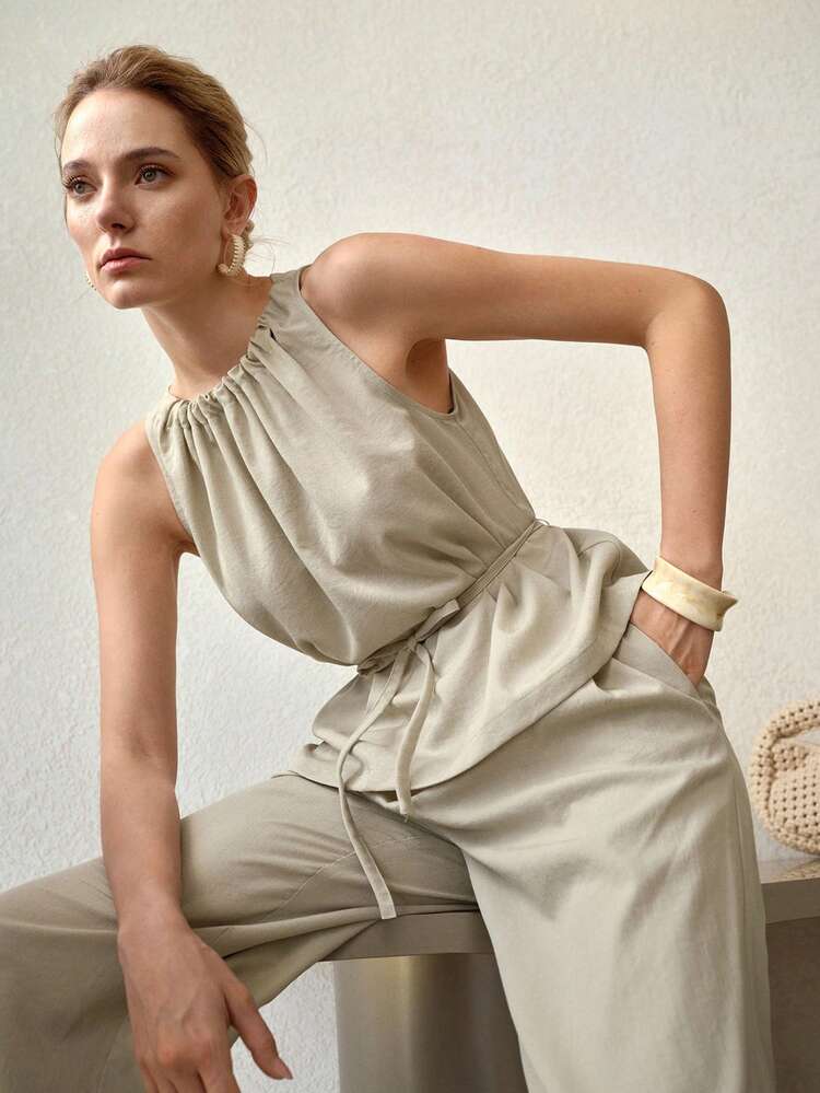 ELEGANT FASHIONABLE FOLD PLEATED BELTED RELAXED FIT SLEEVELESS TOP & WIDE LEG PANTS 2 PIECES SET, SUMMER