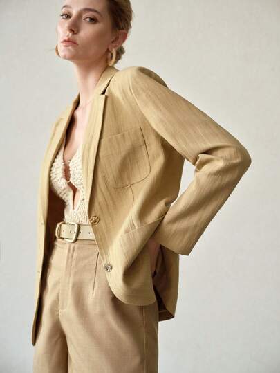 MOTF PREMIUM 女士纯色纹理人字纹亚麻圆口袋优雅办公西装外套