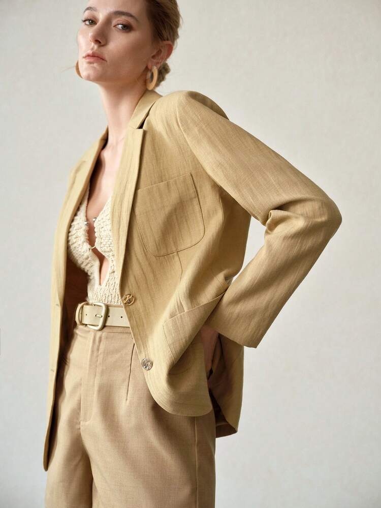 WOMEN'S SOLID COLOR TEXTURED HERRINGBONE LINEN ROUNDED POCKET ELEGANT OFFICE BLAZER