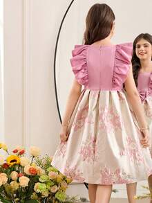 SHEIN Tween Girl Elegant Square Neck Ruffle Solid Color Patchwork Jacquard Fabric Dress Tween Girl - Pink - View 3