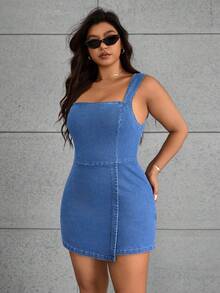 SHEIN ICON Plus Size Fashionable Sexy Sleeveless Mini Denim Dress - Medium Wash - View 3