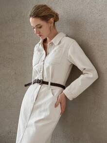 MOTF PREMIUM 时尚半开襟牛仔连衣裙，不带腰带 - 米色 - 查看 1