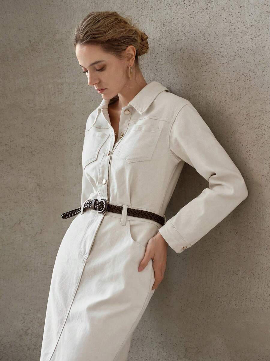 MOTF PREMIUM 时尚半开襟牛仔连衣裙，不带腰带 - 米色 - 查看 1