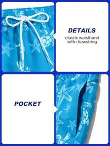 Manfinity Swimmode Men's Boho Baby Blue Beach Shorts With Turtle And Starfish Print Triangle Lining And Pockets,Hawaiian - Baby Blue - View 5