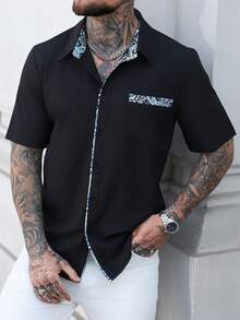 Manfinity Homme Men's Paisley Pattern Patchwork Black Short Sleeve Shirt - Black - View 1