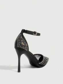 CUCCOO SZL Giày cao gót mũi nhọn màu sâm panh đính đá và lưới, giày dự tiệc cưới sang trọng lấp lánh dành cho nữ. - Than chì đen - Xem 8