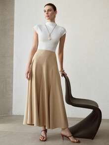 MOTF PREMIUM WOMEN'S KHAKI ELEGANT FLARED SKIRT - Khaki - View 1