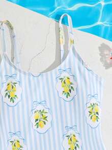 SHEIN 1 pieza Traje de baño de una sola pieza de tela de punto cómoda y de secado rápido con estampado aleatorio de rayas de limón, adecuado para playa, piscina, surf, vacaciones y viajes de verano para niñas - Multicolor - Ver 6