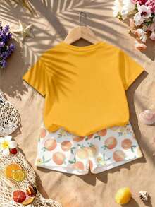 2件套女婴清爽蜜桃字母印花短袖上衣+数码蜜桃图案短裤，轻盈可爱水果风套装，夏季穿着 - 彩色 - 查看 2