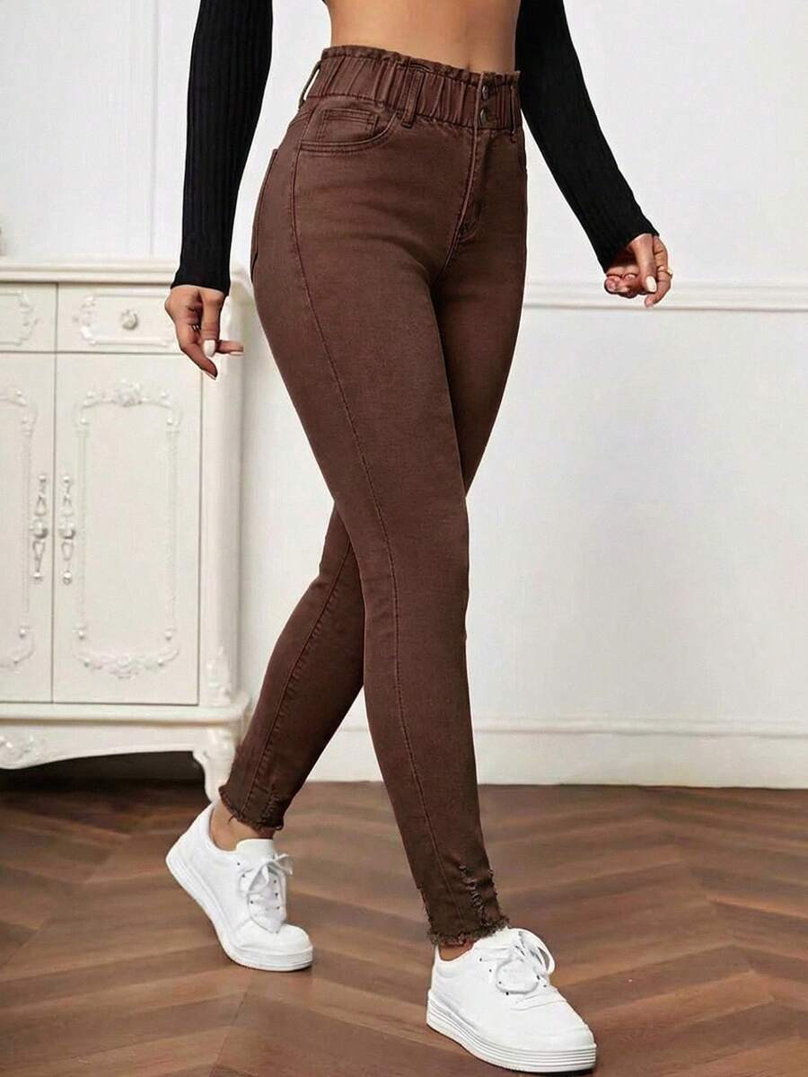 EMERY ROSE Quần jeans nữ cạp cao, có túi, dáng ôm, thoải mái, đa năng. - màu nâu - Xem 1