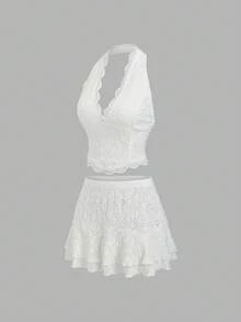 Sweetra Sexy Sleeveless Spaghetti Strap Knit Jacquard Contrast Lace + Ruffle Hem Mini Skirt Two Pieces Set, Bohemian Style For Summer Vacation - Pink - View 4