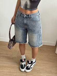 SHEIN Women's Fashion Casual Rhinestone Embellished Wide Leg Denim Shorts - Light Wash - View 1