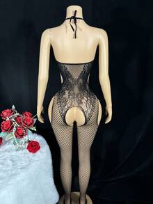 1件装女士性感镂空网纱无袖露背吊带连体衣 - 黑色 - 查看 2