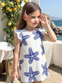 1件女童4-7岁清爽海洋风蓝白海星数码印花连衣裙，短袖设计，轻盈宽松休闲，适合夏季海滩度假和日常穿着 - 彩色 - 查看 4