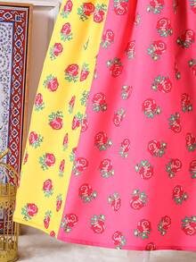 1pc Girls'pink Floral Summer Cute Party Dress,Cartoon Print,Ruffled Puff Short Sleeves,Flared Midi Length,Lightweight Colorblock Casual Festival Wear - Multicolor - View 7