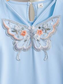 少女优雅蝴蝶刺绣连衣裙 - 藍色 - 查看 4