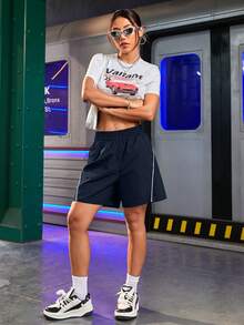 Streetz SHEIN Sport Casual Loose Contrast Trim Sports Shorts - Navy Blue - View 3