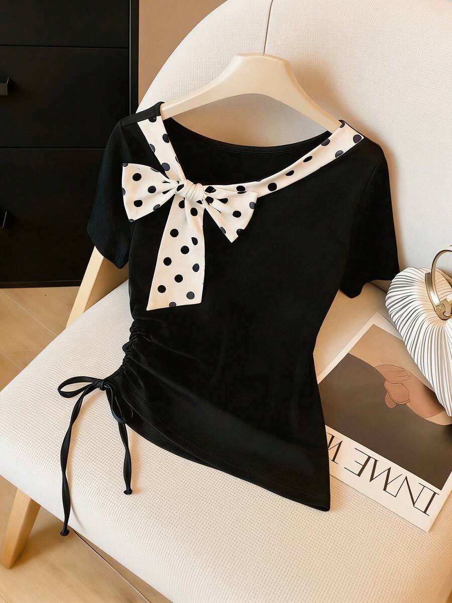 GlowEve Women's Fashion Polka Dot Bow Tie Waist Ruched Casual T-Shirt Top, Versatile For Spring/Summer - Multicolor - View 1