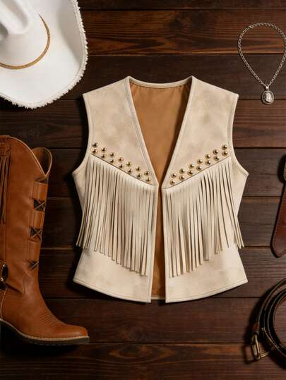 GlowEve جاكيت كاجوال بوهيمي مزين بالدبابيس والشراريب من الجلد المدبوغ للنساء، متعدد الاستخدامات للعطلات والارتداء اليومي والتنقل، بأسلوب فرنسي، لون بيج، مناسب لبداية الربيع/الربيع-الصيف