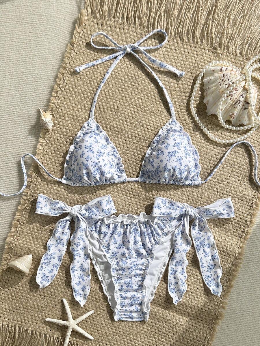 Swim Vcay 2件套女士性感碎花荷叶边V领挂脖比基尼套装，夏季 - 彩色 - 查看 1