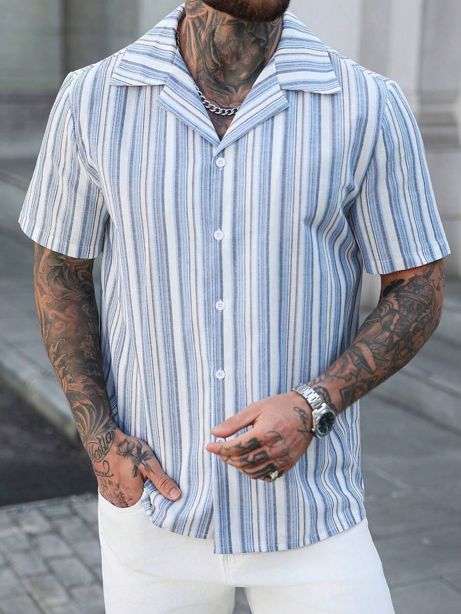 ARLO REED 男士单排扣休闲蓝色条纹短袖衬衫 - 藍色 - 查看 1