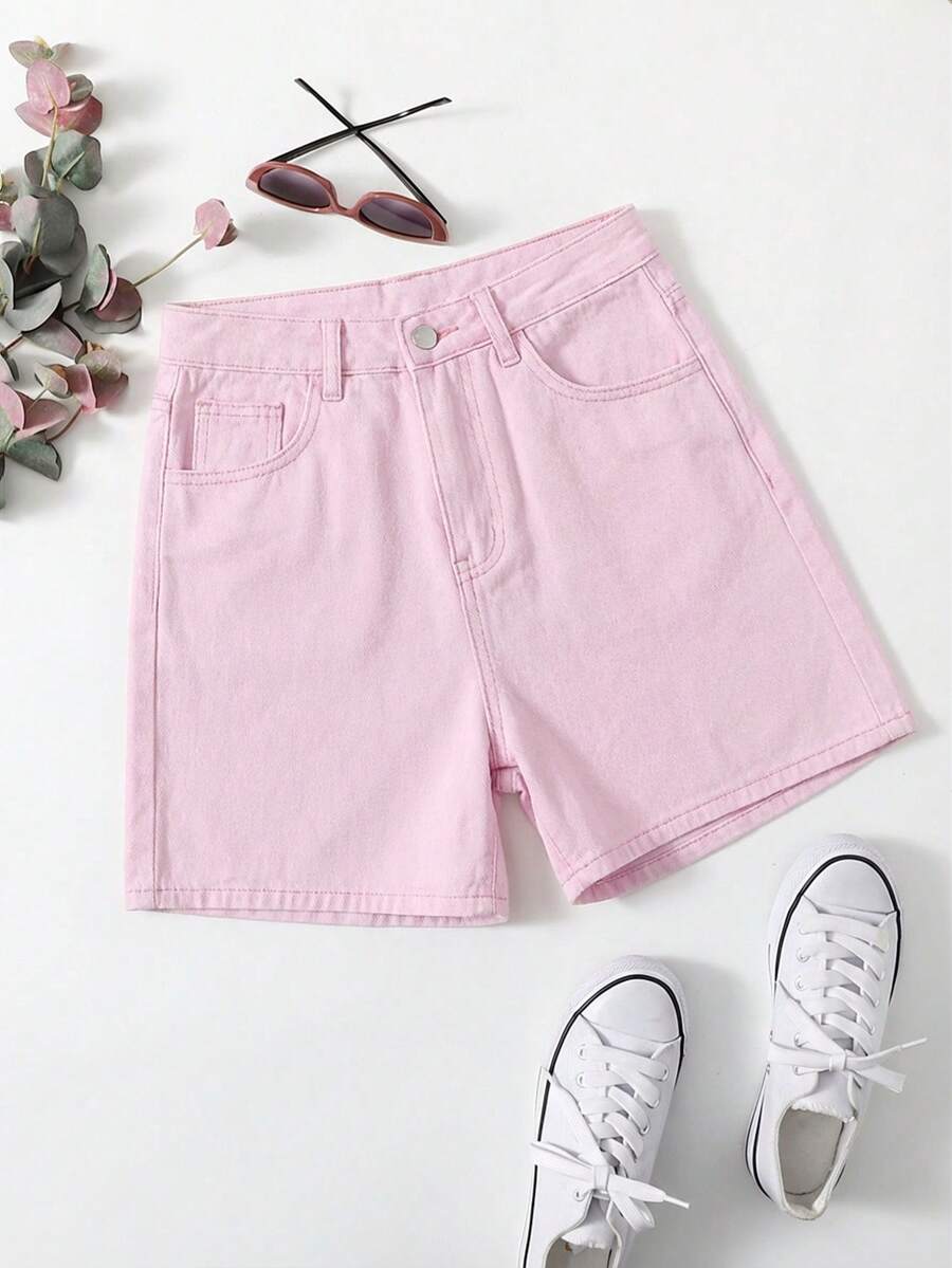 SHEIN EZwear 休闲纯色牛仔短裤，夏季 - 粉色 - 查看 1