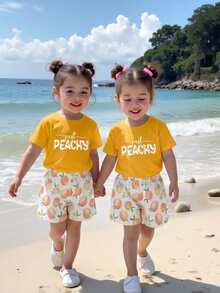 2件套女婴清爽蜜桃字母印花短袖上衣+数码蜜桃图案短裤，轻盈可爱水果风套装，夏季穿着 - 彩色 - 查看 4