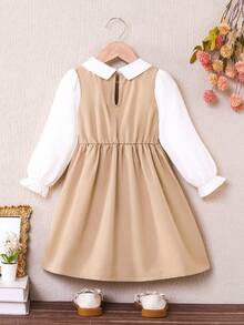 SHEIN Elladie kids 女童藏蓝色彼得潘领双排扣褶裥下摆长袖两用连衣裙，适合休闲、优雅、通勤、校园等场合。 - 黃色 - 查看 3