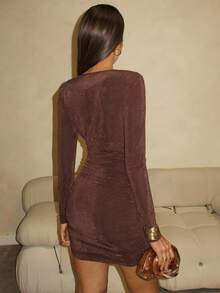 Glamine 女式秋季褶皱优雅垂坠领修身迷你连衣裙 - 棕色 - 查看 4