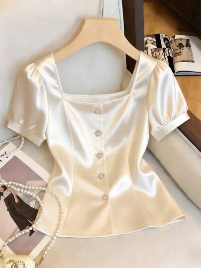 GlowEve Women's Fashion Square Neck Front Button Decoration Knitted Fabric Casual T-Shirt Top, Spring/Summer