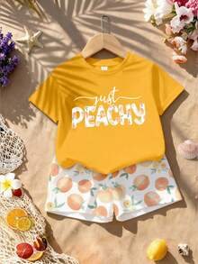 2件套女婴清爽蜜桃字母印花短袖上衣+数码蜜桃图案短裤，轻盈可爱水果风套装，夏季穿着 - 彩色 - 查看 6